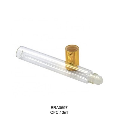 New clear roll on oil bottles cylinder roll on perfume bottle gold empty 13ml roll on glass bottle with aluminum cap