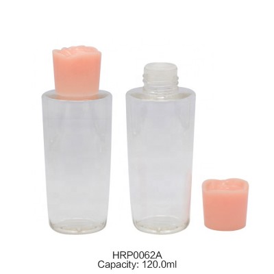 High quality low moq lotion bottles clear make up remover bottle 120 empty round pink lotion bottles with flower cap